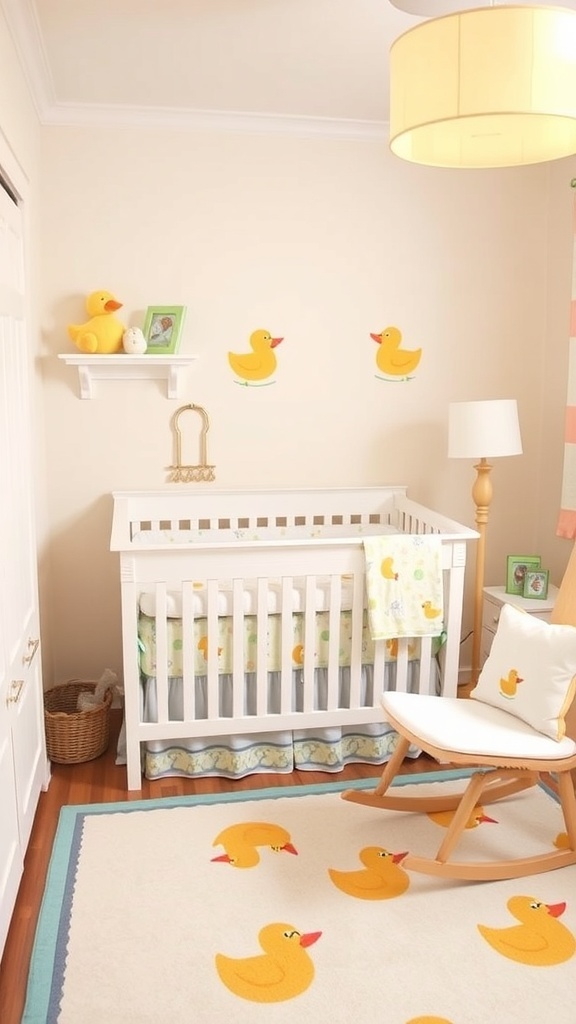A charming duck-themed nursery with pastel colors, duck-patterned bedding, and playful decor.